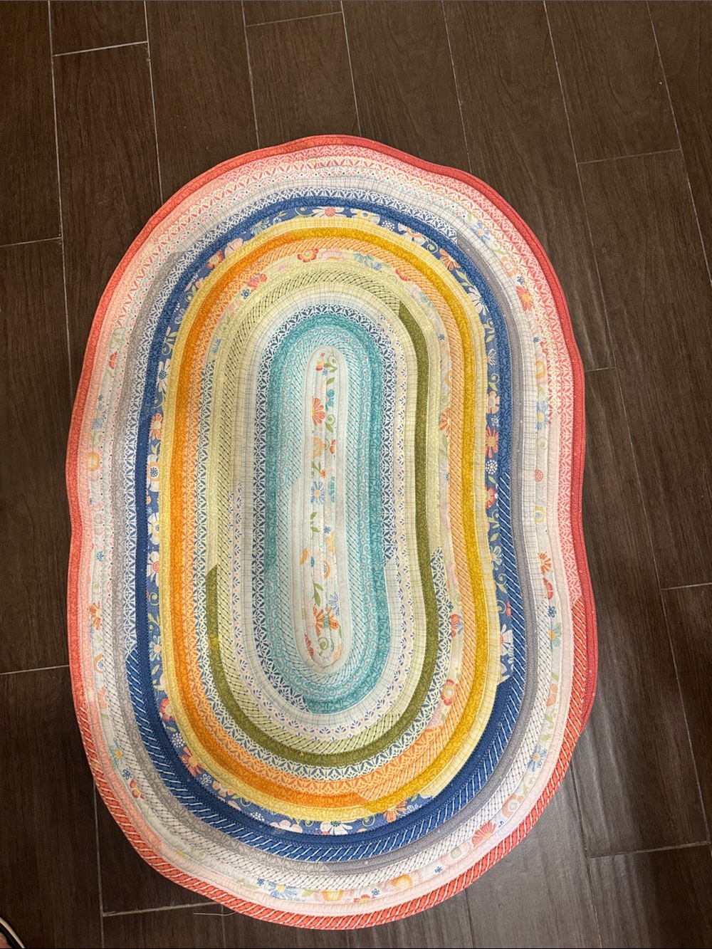 Machine sewn jelly roll rug in vibrant colors